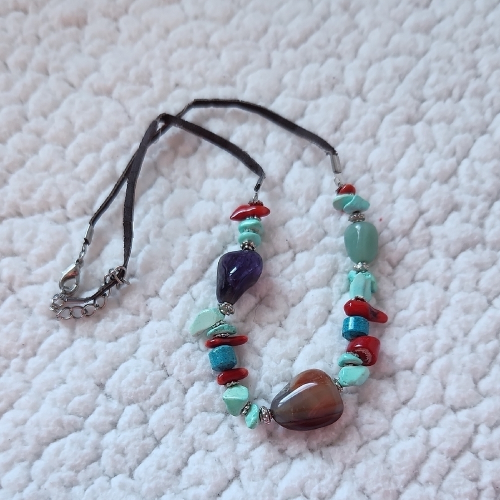 Vintage Handmade Multistoned Turquiose Amythest Beaded Leather Necklace